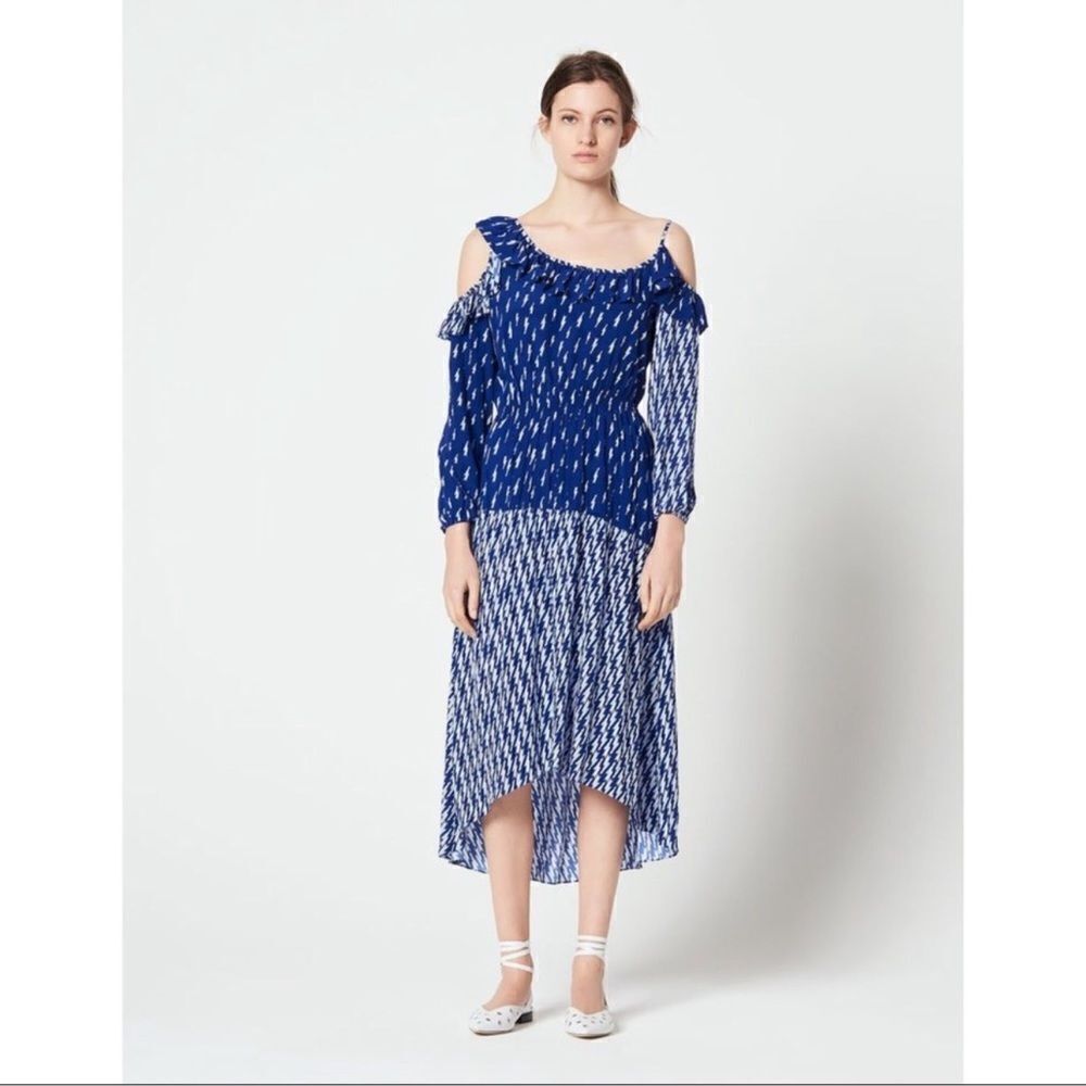 Sandro Lightning Bolt Bare Shoulder Crepe Dress Blue Kemila Size 38 Medium